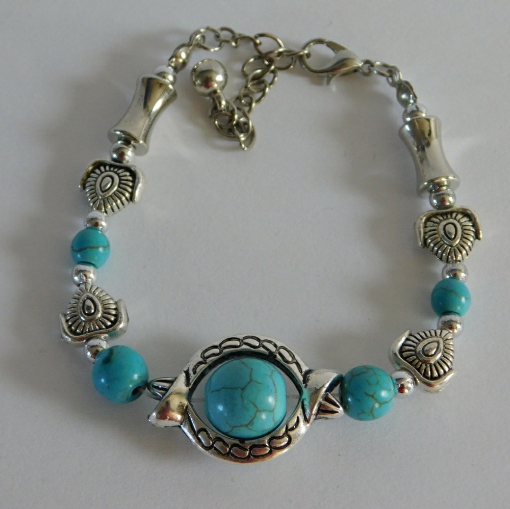 Tibet Silver turquoise beaded bracelet j